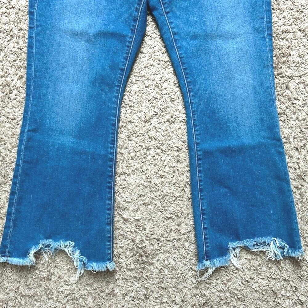 LOFT High Rise Button Fly Flare Cropped Jeans I Distressed Frayed Hem I Size 14 - Picture 7 of 11